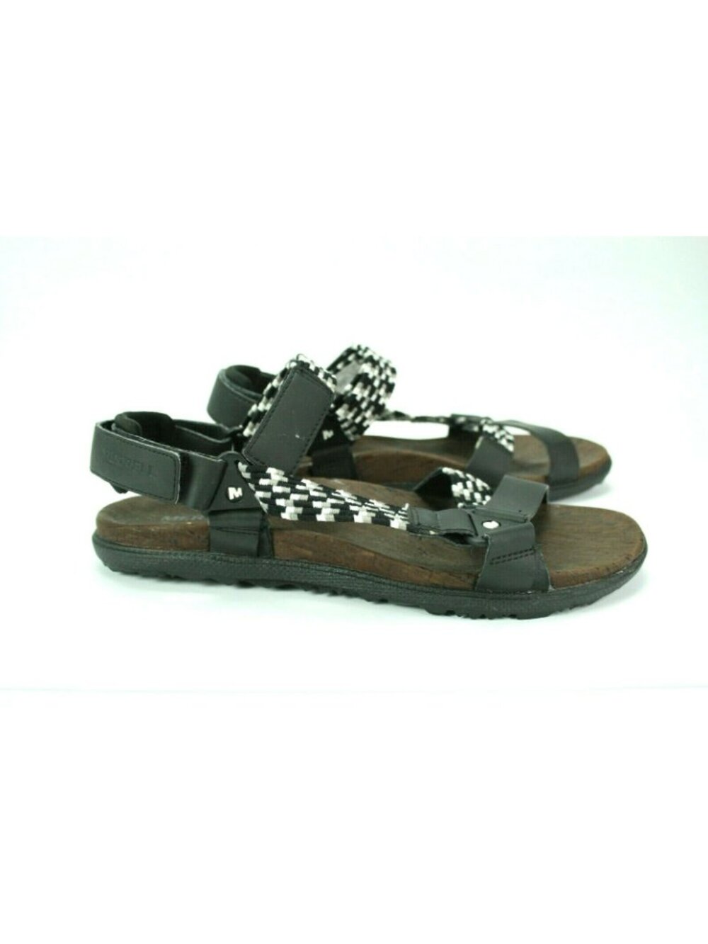 Merrell Women's Size 8 Sandal Black White Around Town Sunvue WovenCork footbed - Picture 2 of 9